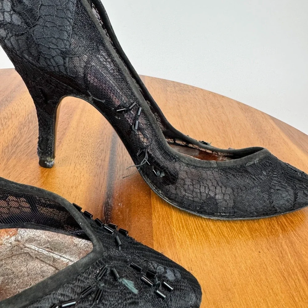 Womens Susan Bennis Warren Edwards Black Lace Beaded Heels‎ Pumps Size 6 M GUC